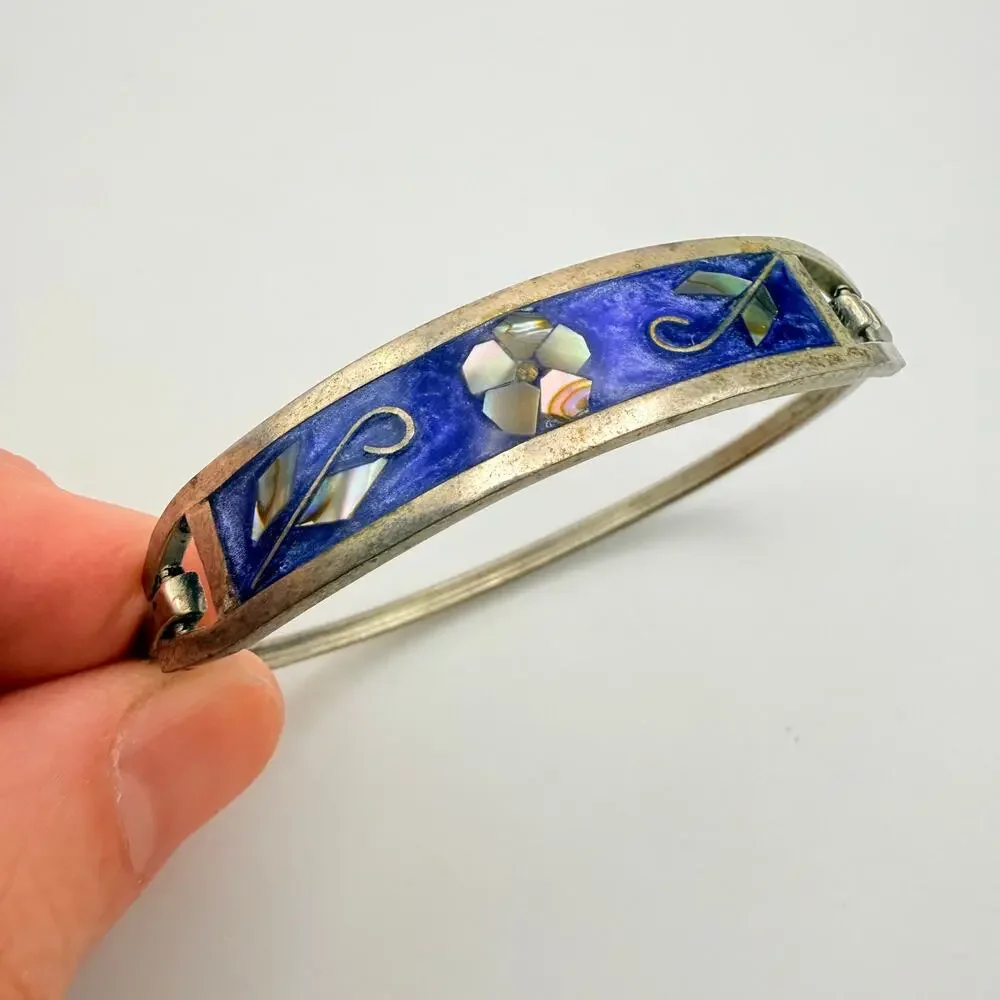 Vintage Taxco Mexico Mother of Pearl Floral Purple Enamel Alpaca Silver Bangle